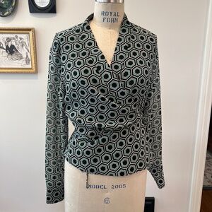 INC lined green and black hexagon blouse. Size Medium